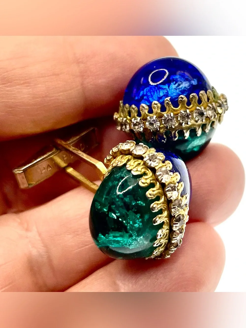 Vintage Blue Green Art Glass Rhinestone Gold Tone Cufflinks MCM Statement